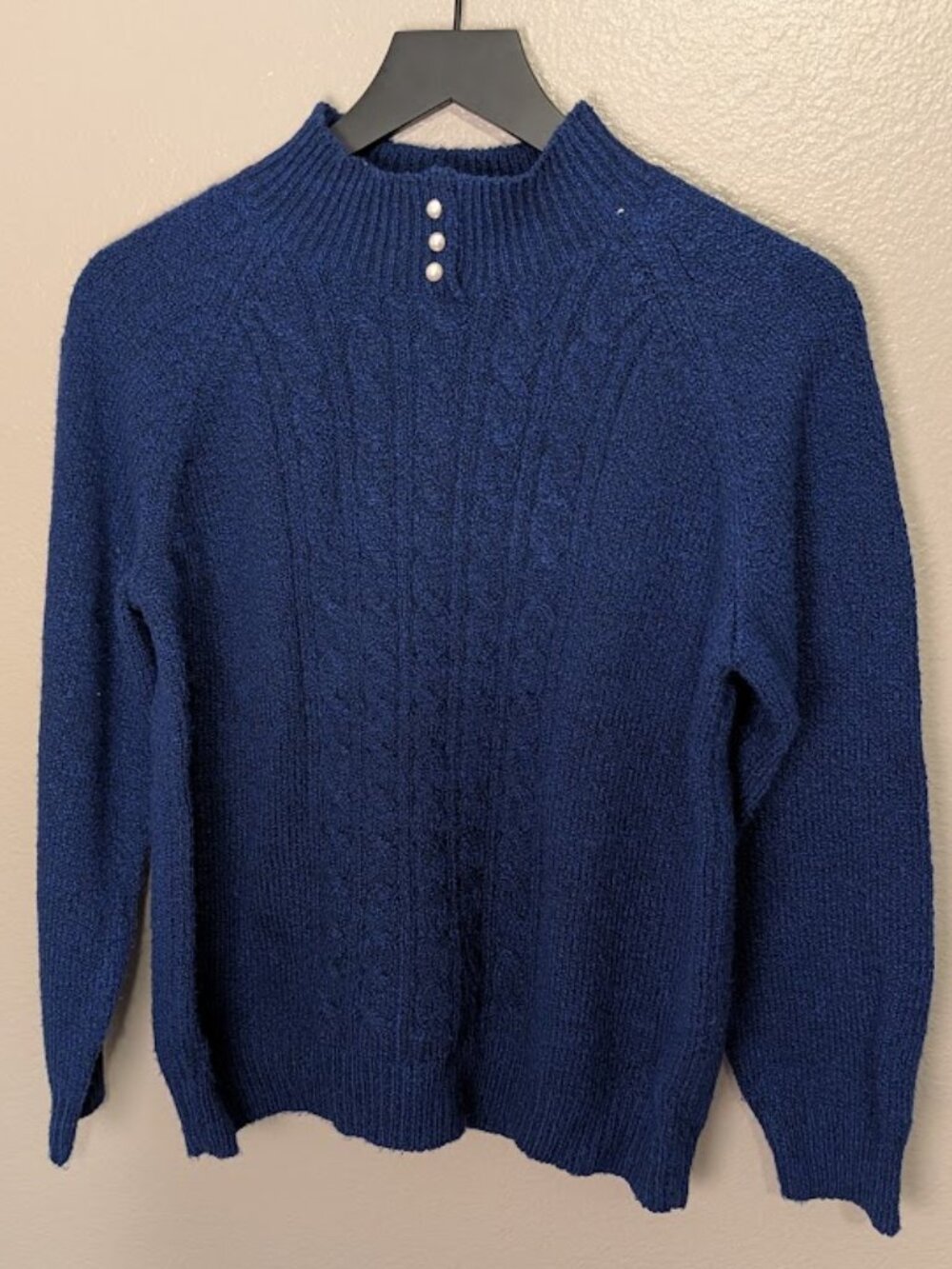 Karen Scott Womens M Navy Blue Cable Knit Mock Neck Formal Sweater Pearl Buttons